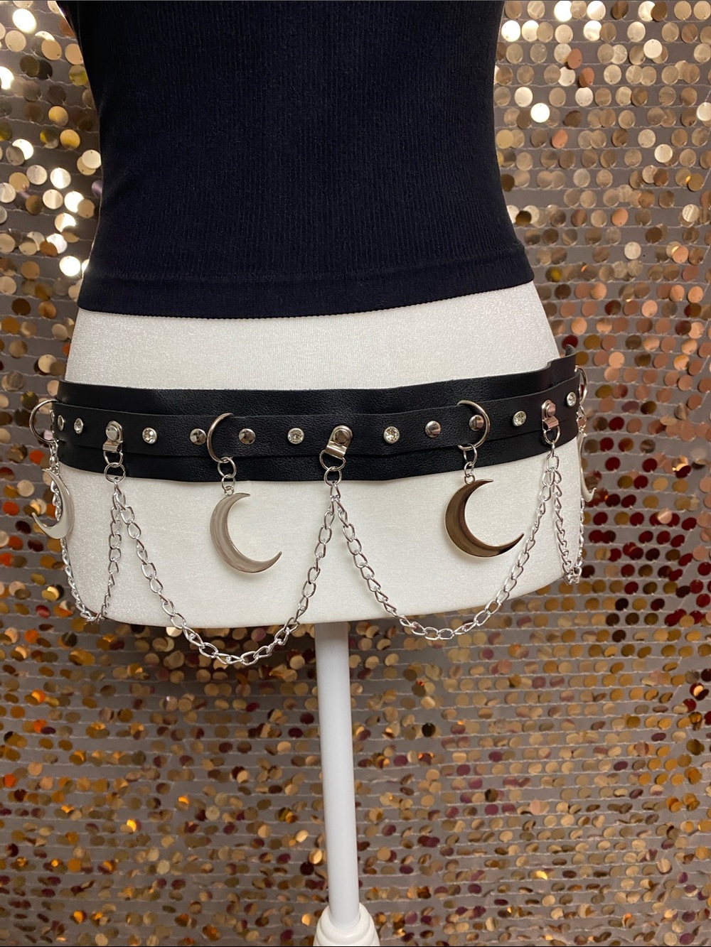 Black belt with silver tone moon charms and chains #408